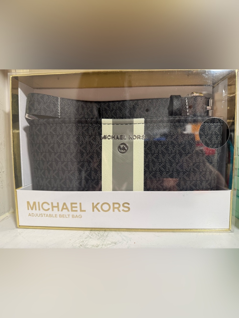Michael Kors Black Logo Belt Bag with Cream and Gray Stripe